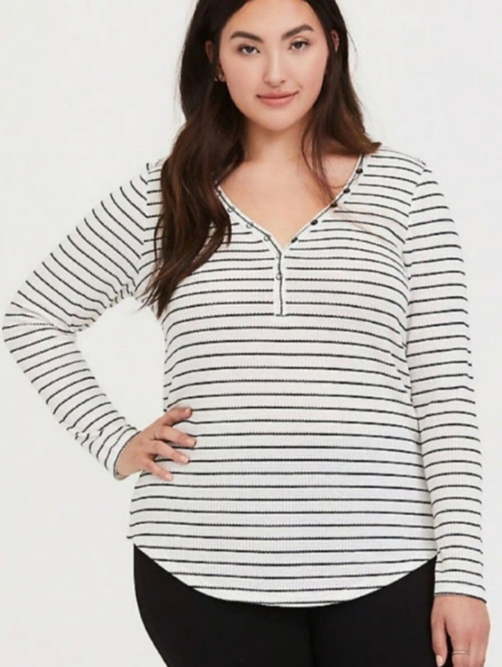 Torrid White Black Striped Waffle Knit Henley Shirt